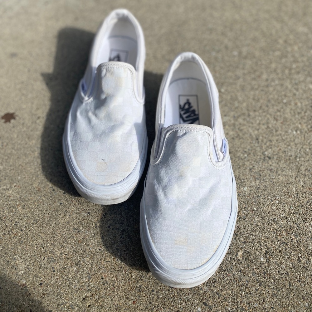 Vans white slip on checkered shoes, size 9W